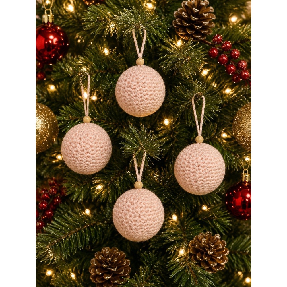 Sweater Cable Knit Fabric Ball Christmas Tree Decor Ornament Set of 4 Pink
